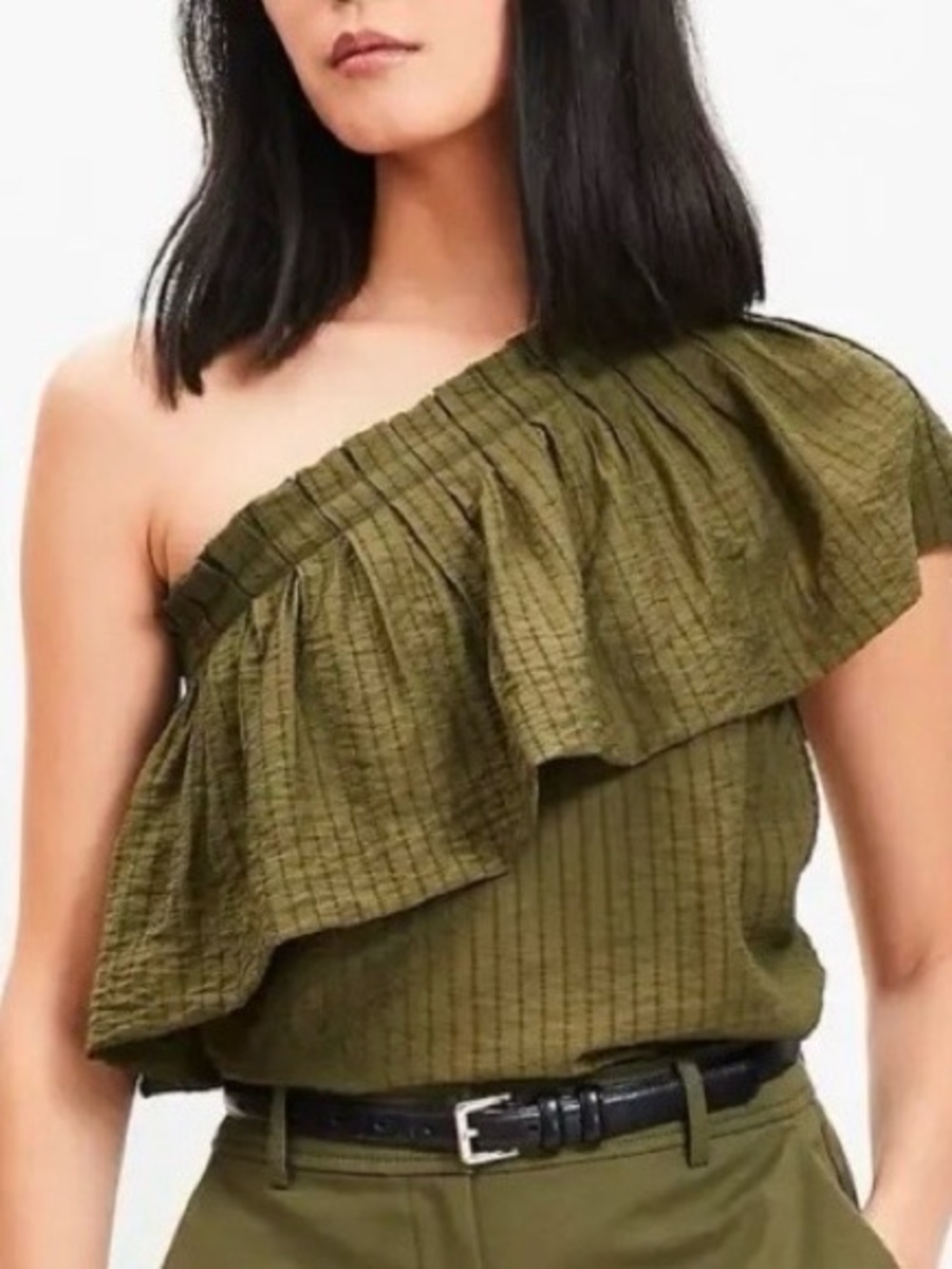 LOFT Olive Striped Ruffle One Shoulder Top Xl